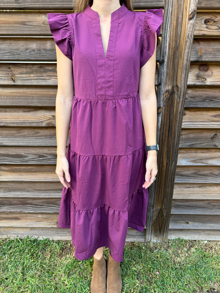 The Jennifer Flutter Midi Dress - Eggplant