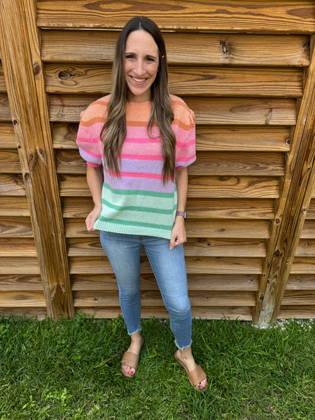 The Riviera Rainbow Puff Sleeved Sweater Top