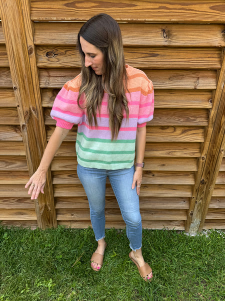 The Riviera Rainbow Puff Sleeved Sweater Top
