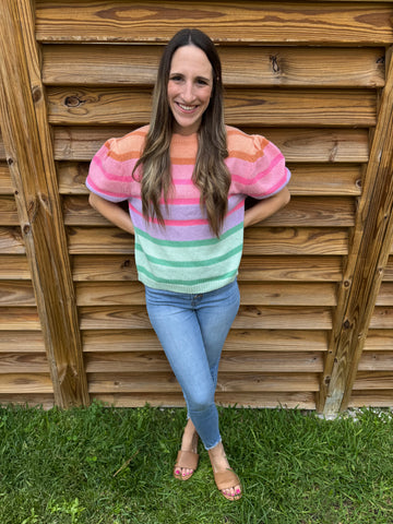 The Riviera Rainbow Puff Sleeved Sweater Top
