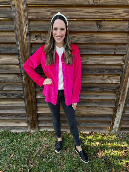 Poppy Pink Velvet Button Up Top