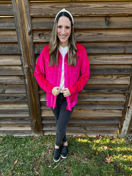 Poppy Pink Velvet Button Up Top