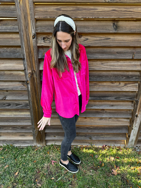 Poppy Pink Velvet Button Up Top