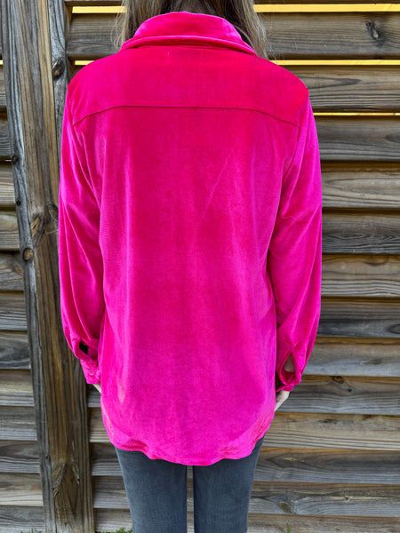 Poppy Pink Velvet Button Up Top