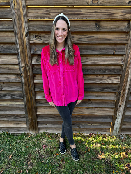 Poppy Pink Velvet Button Up Top