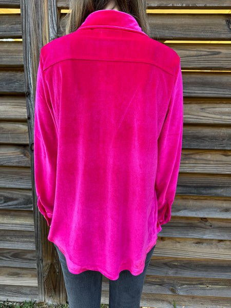 Poppy Pink Velvet Button Up Top