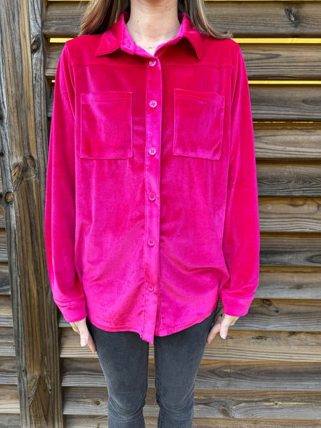 Poppy Pink Velvet Button Up Top