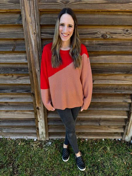 Ruby Red & Camel Retro Sweater