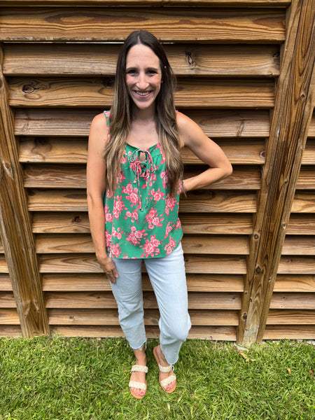 Green & Coral Adorable Front Tie Blouse