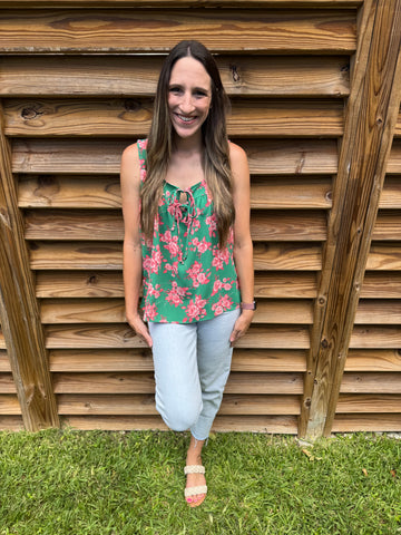 Green & Coral Adorable Front Tie Blouse