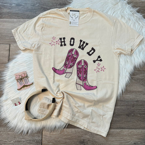 Howdy Pink Cowgirl Boots Cream Tee