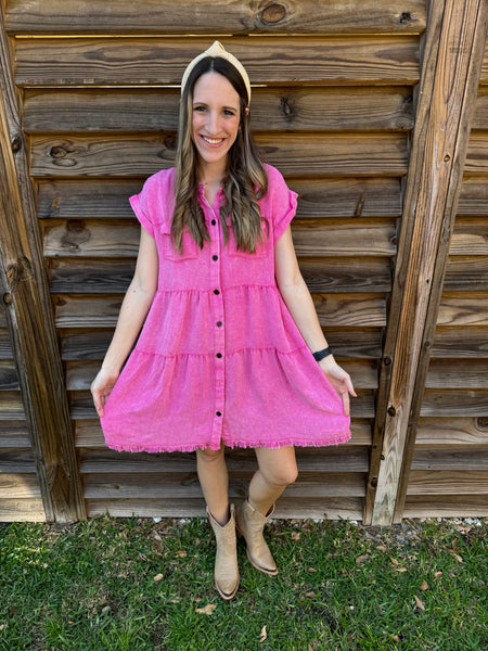 The Shania Button Down Denim Dress - Hot Pink