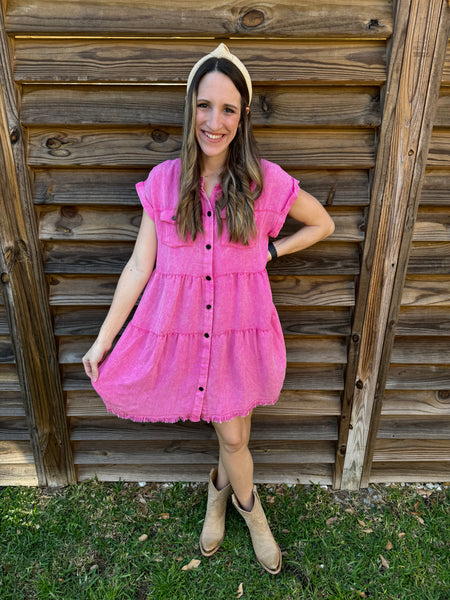 The Shania Button Down Denim Dress - Hot Pink