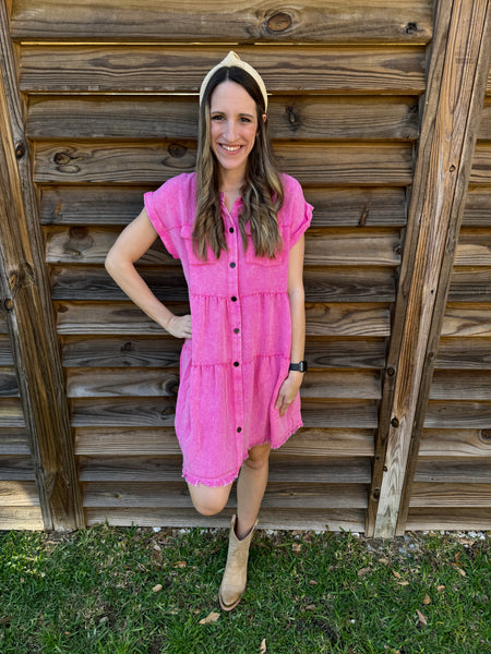 The Shania Button Down Denim Dress - Hot Pink