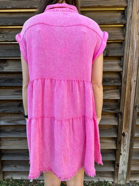 The Shania Button Down Denim Dress - Hot Pink