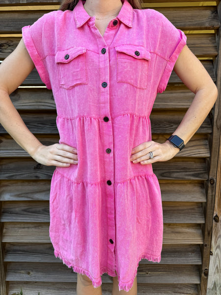 The Shania Button Down Denim Dress - Hot Pink