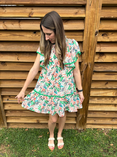 The Green & Peach Floral Frill Dress