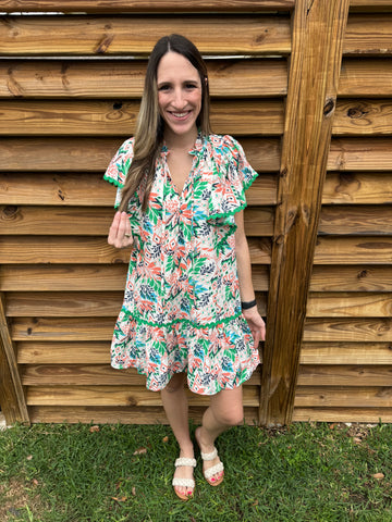 The Green & Peach Floral Frill Dress