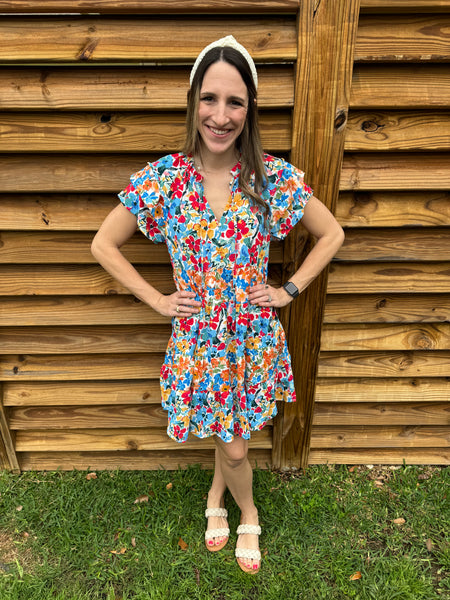 The Blue & Red Floral Frill Dress