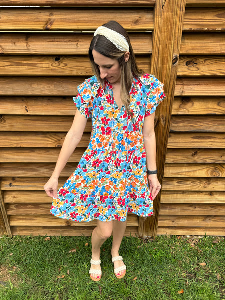 The Blue & Red Floral Frill Dress
