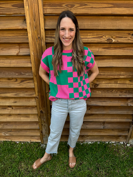 Green & Pink Checker Knitted Sweater Top