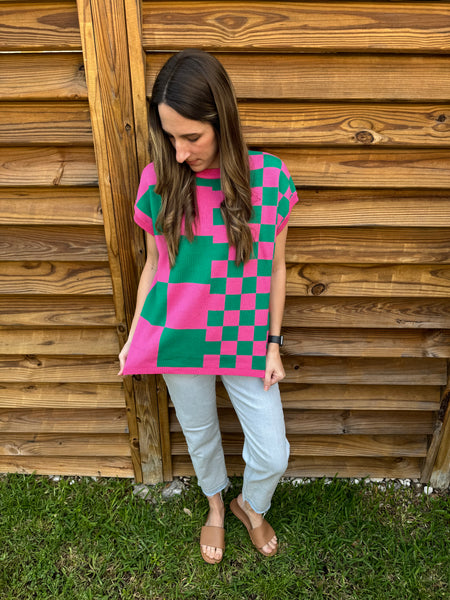 Green & Pink Checker Knitted Sweater Top
