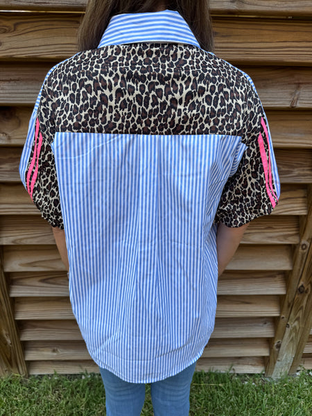 Callie Chambray & Leopard Button Up Blouse