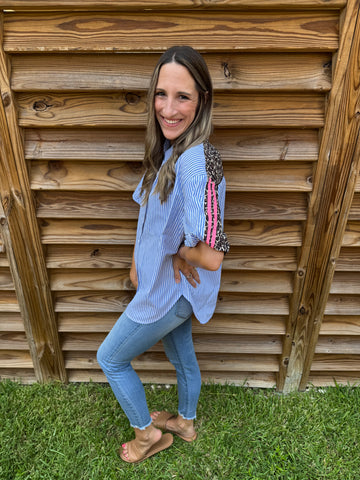 Callie Chambray & Leopard Button Up Blouse