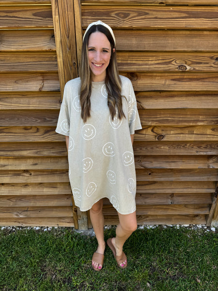 Sutton Smiley Face T-Shirt Dress - Khaki