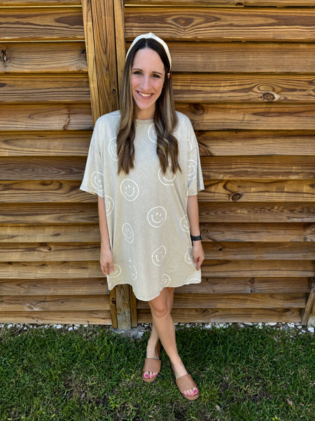 Sutton Smiley Face T-Shirt Dress - Khaki