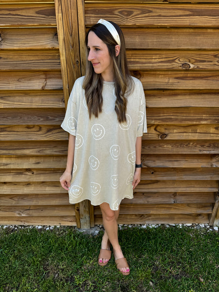 Sutton Smiley Face T-Shirt Dress - Khaki