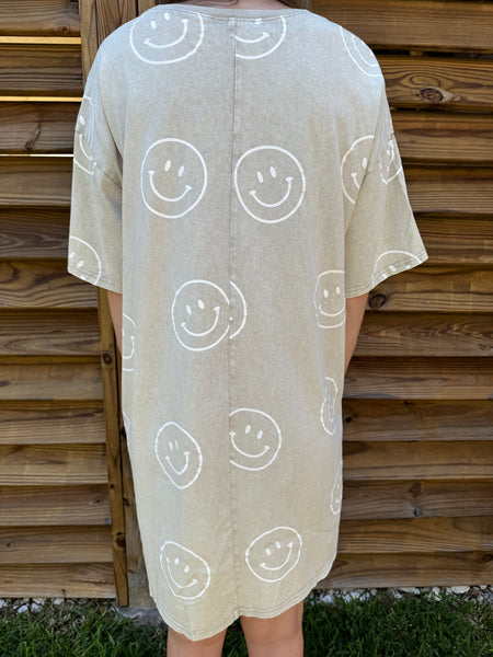Sutton Smiley Face T-Shirt Dress - Khaki