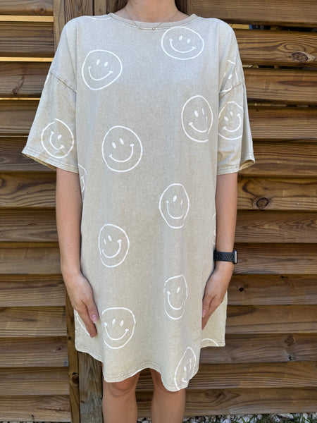 Sutton Smiley Face T-Shirt Dress - Khaki