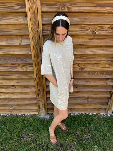 Sutton Smiley Face T-Shirt Dress - Khaki