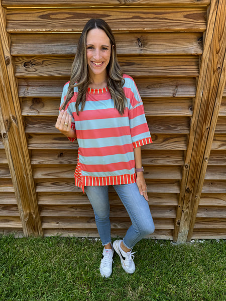 Coral & Light Blue Striped Mix and Match Blouse