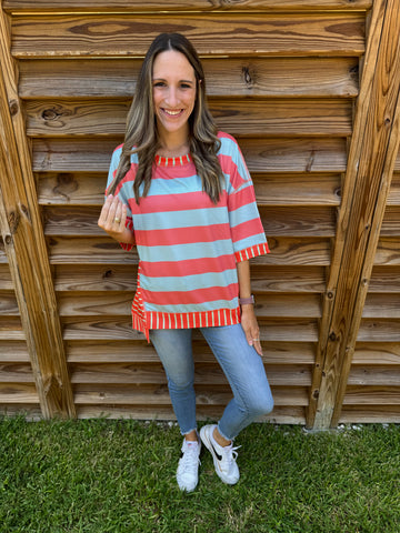 Coral & Light Blue Striped Mix and Match Blouse