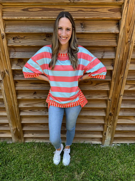 Coral & Light Blue Striped Mix and Match Blouse