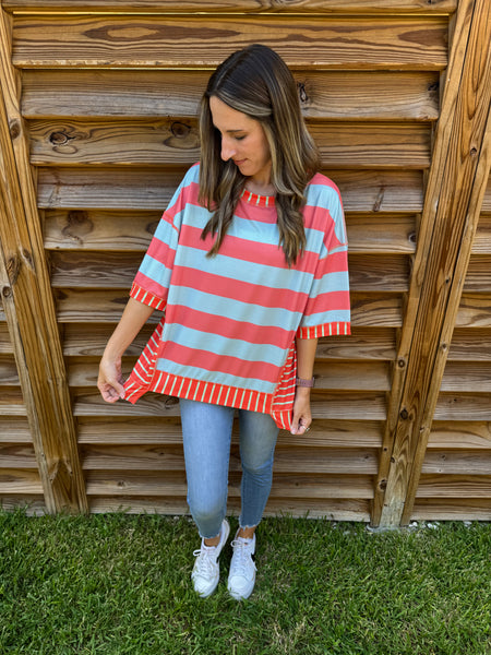 Coral & Light Blue Striped Mix and Match Blouse