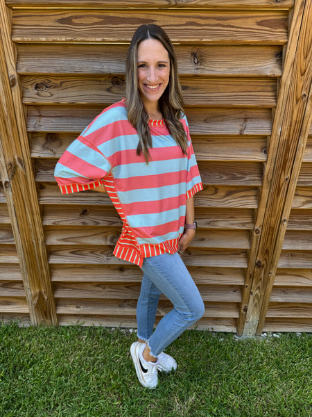 Coral & Light Blue Striped Mix and Match Blouse