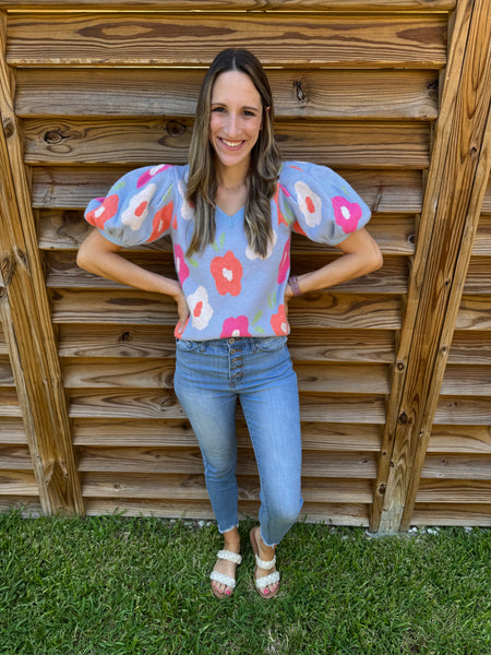 Light Blue Floral Puffed Sleeved Sweater Top