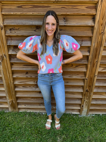 Light Blue Floral Puffed Sleeved Sweater Top