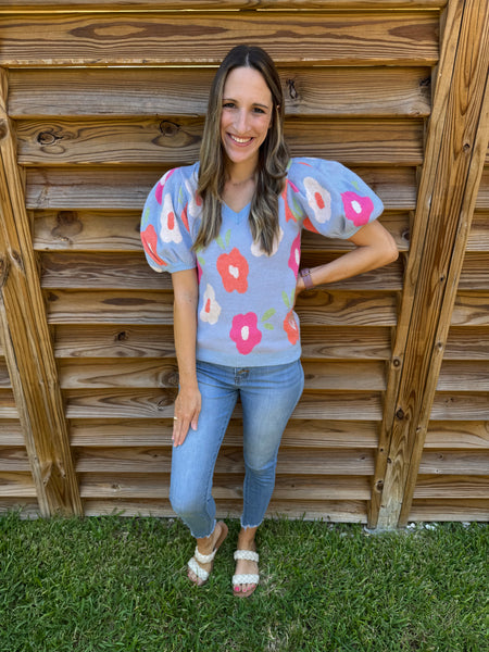 Light Blue Floral Puffed Sleeved Sweater Top