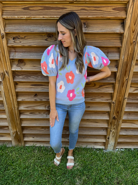 Light Blue Floral Puffed Sleeved Sweater Top
