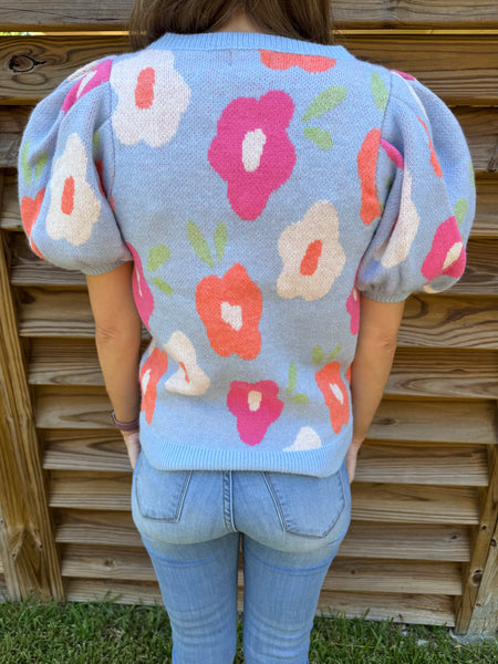 Light Blue Floral Puffed Sleeved Sweater Top