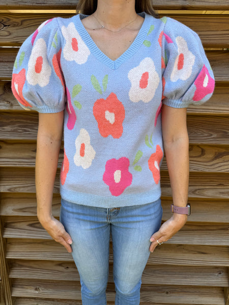 Light Blue Floral Puffed Sleeved Sweater Top