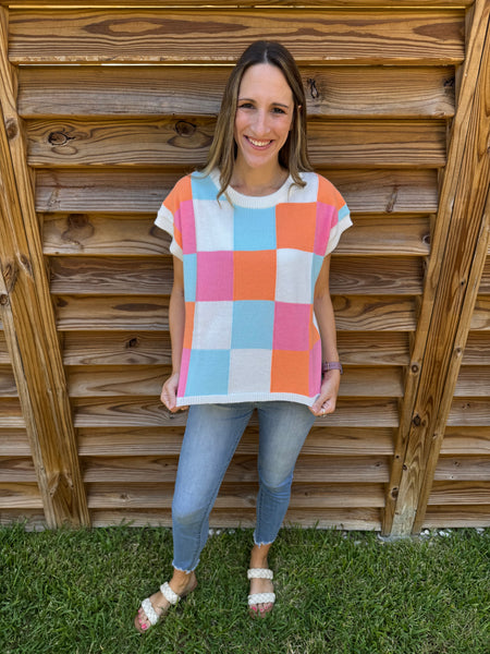 Orange & Pink Checkered Sweater Top