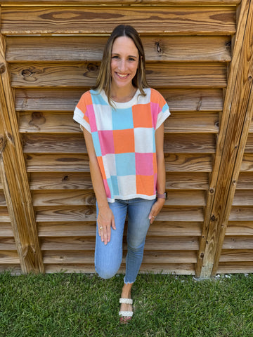 Orange & Pink Checkered Sweater Top