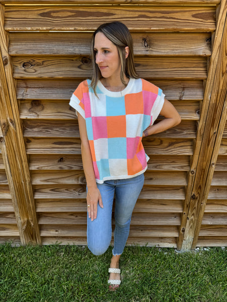 Orange & Pink Checkered Sweater Top
