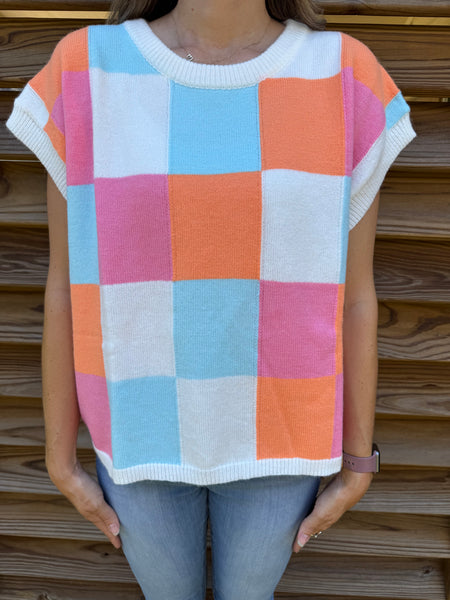 Orange & Pink Checkered Sweater Top