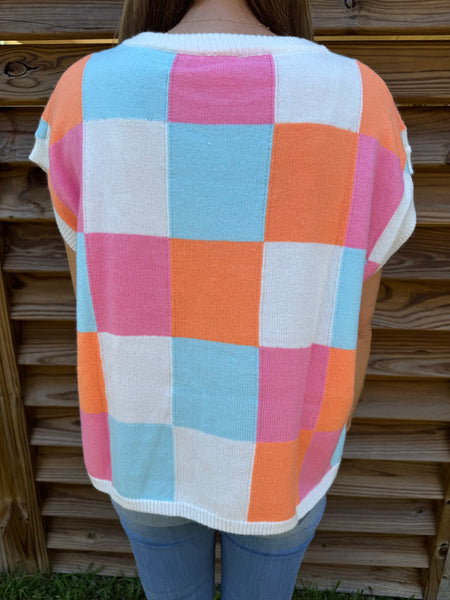 Orange & Pink Checkered Sweater Top